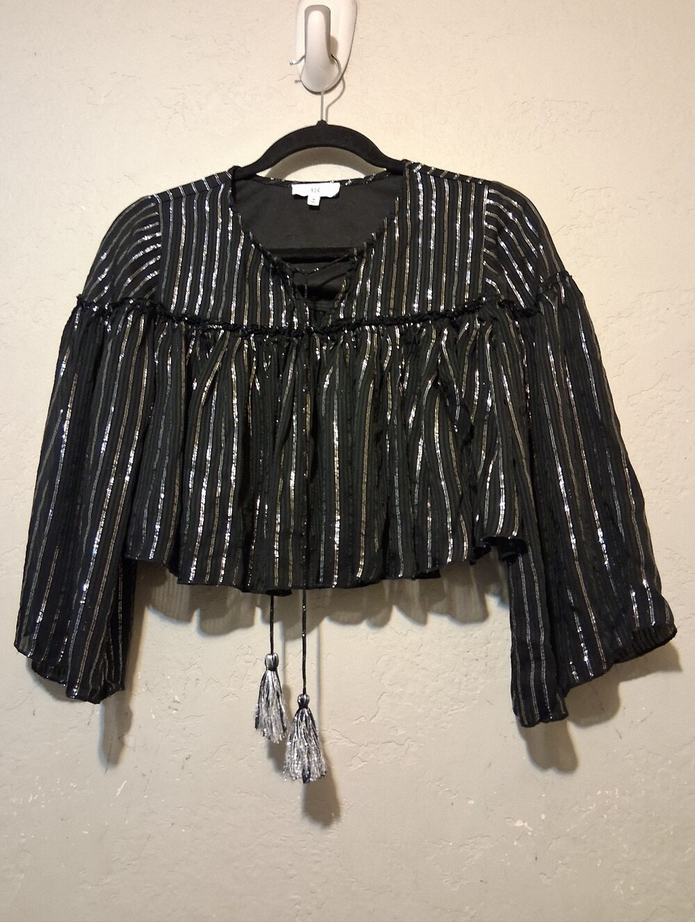 NSR Napean Black Mettalic Striped Tassel Tie Front Ruffle Party Festival Goth